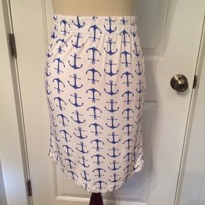 THREE ISLANDS SKIRT PENCIL JERSEY WHITE BLUE ANCHOR PRINT COTTON tagged M fits S